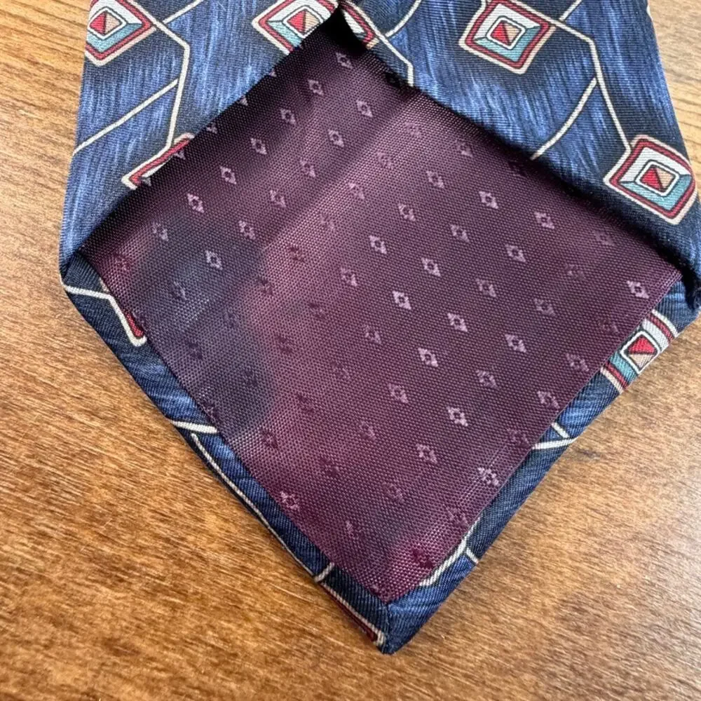 Vintage L'Atelier Slate Blue Geometric Diamond Silk Blend Necktie